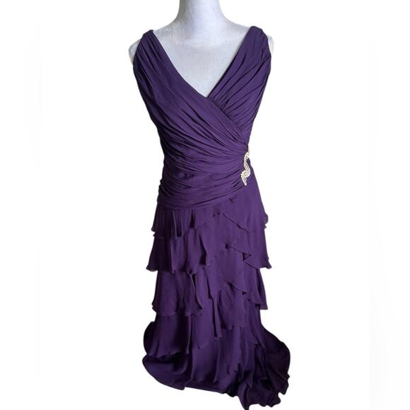 Tadashi Shoji Vintage 90s Silk Chiffon Tiered Ruched Evening Gown Dress - Picture 1 of 7